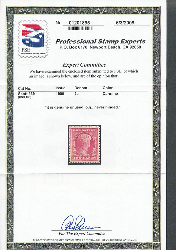 United States (369), PSE and PF certificates, EXTREMELY FINE, og, NH - 426019