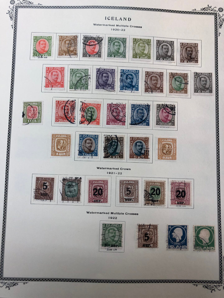 Iceland mint and used stamps from last quarter 19th century showing early classic issues on Scott album pages