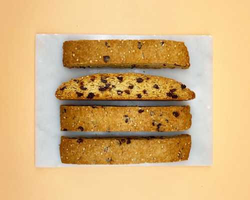 The biscotti in this photo is Sesame Chocolate Chip.