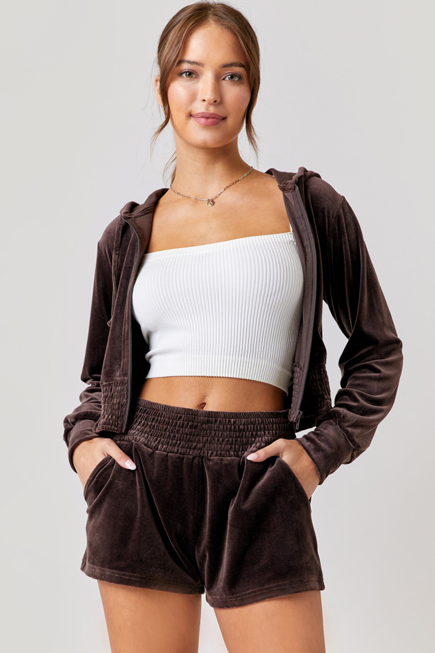 Erika Smocked Velour Shorts - francesca's
