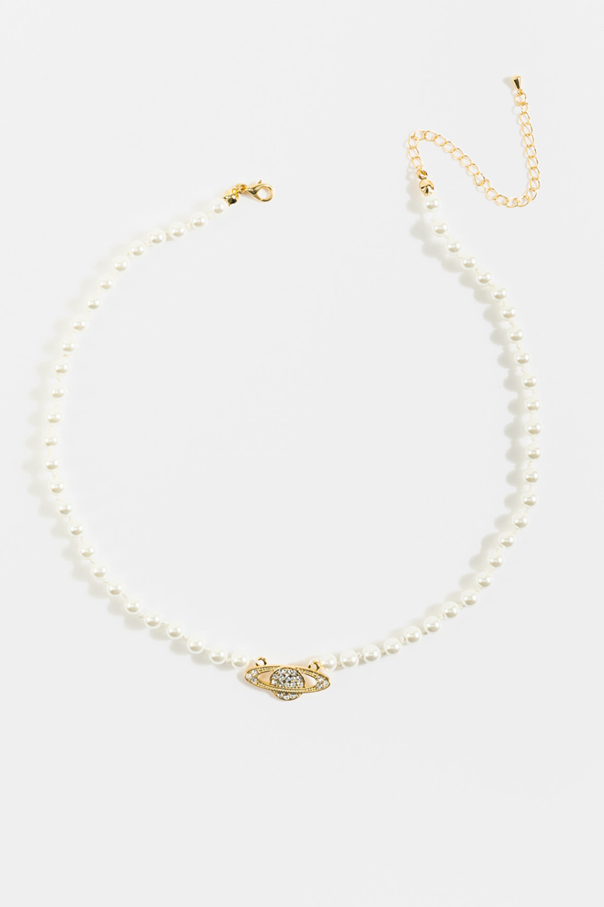 Rhea Pearl Strand Saturn Pendant Necklace