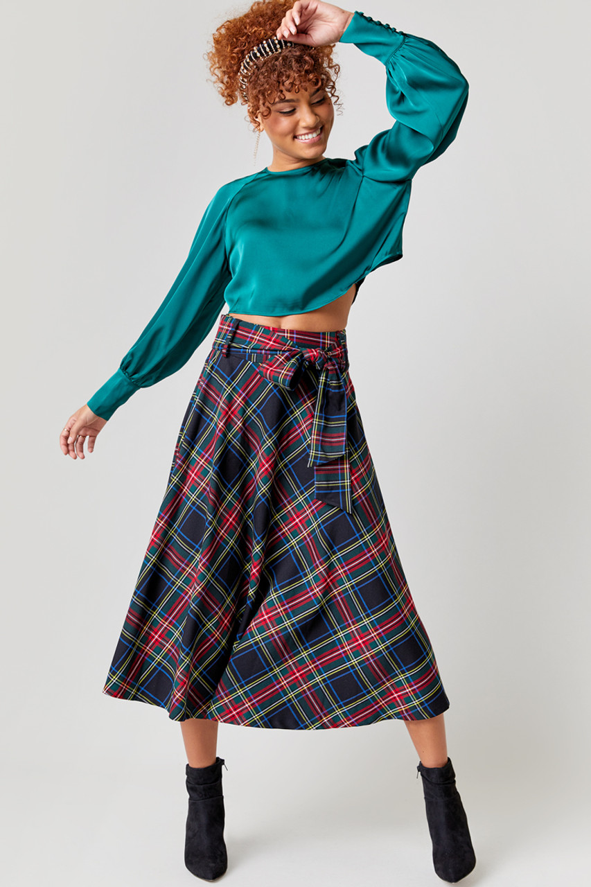 Plaid midi skirt with clearance buttons