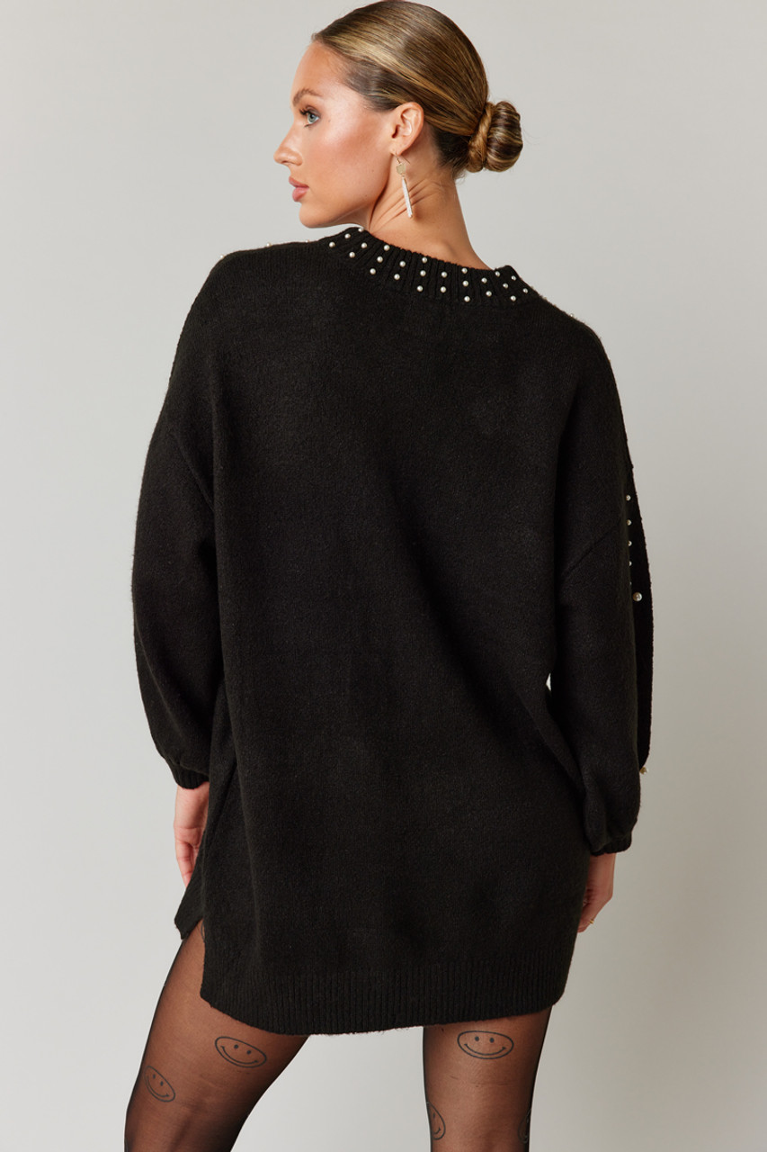 Black sweater shop dress with pearls