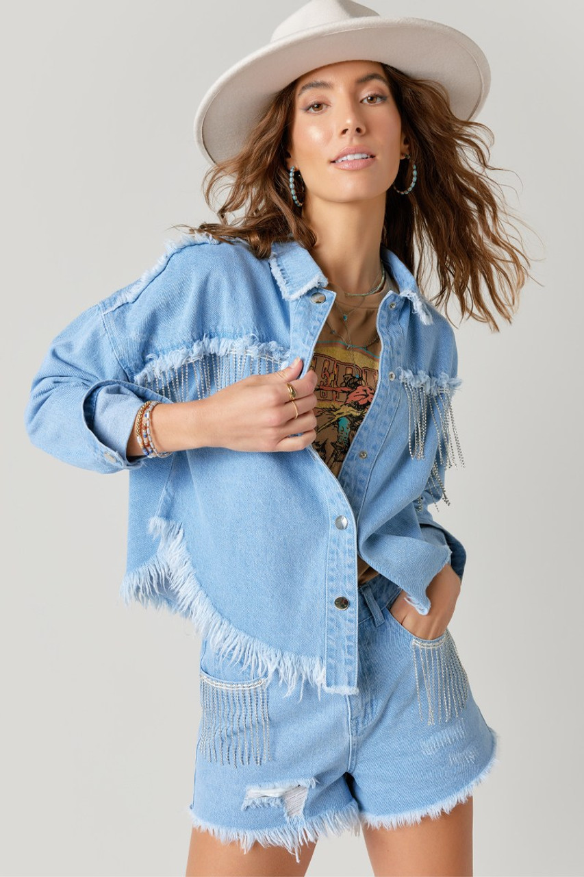 Studded Button Up Crop Denim Jacket | SHEIN IN