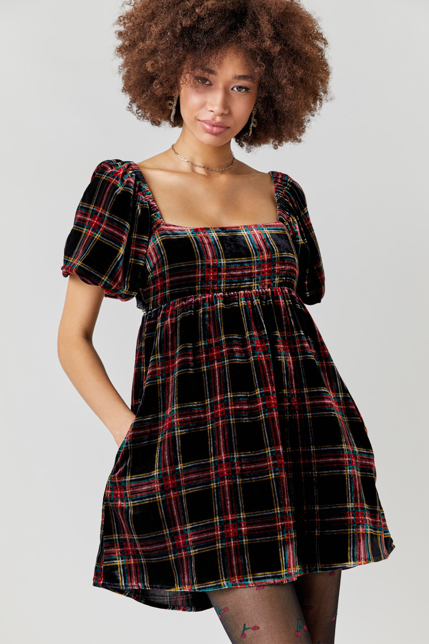 Dannie Velvet Plaid Mini Dress - francesca's