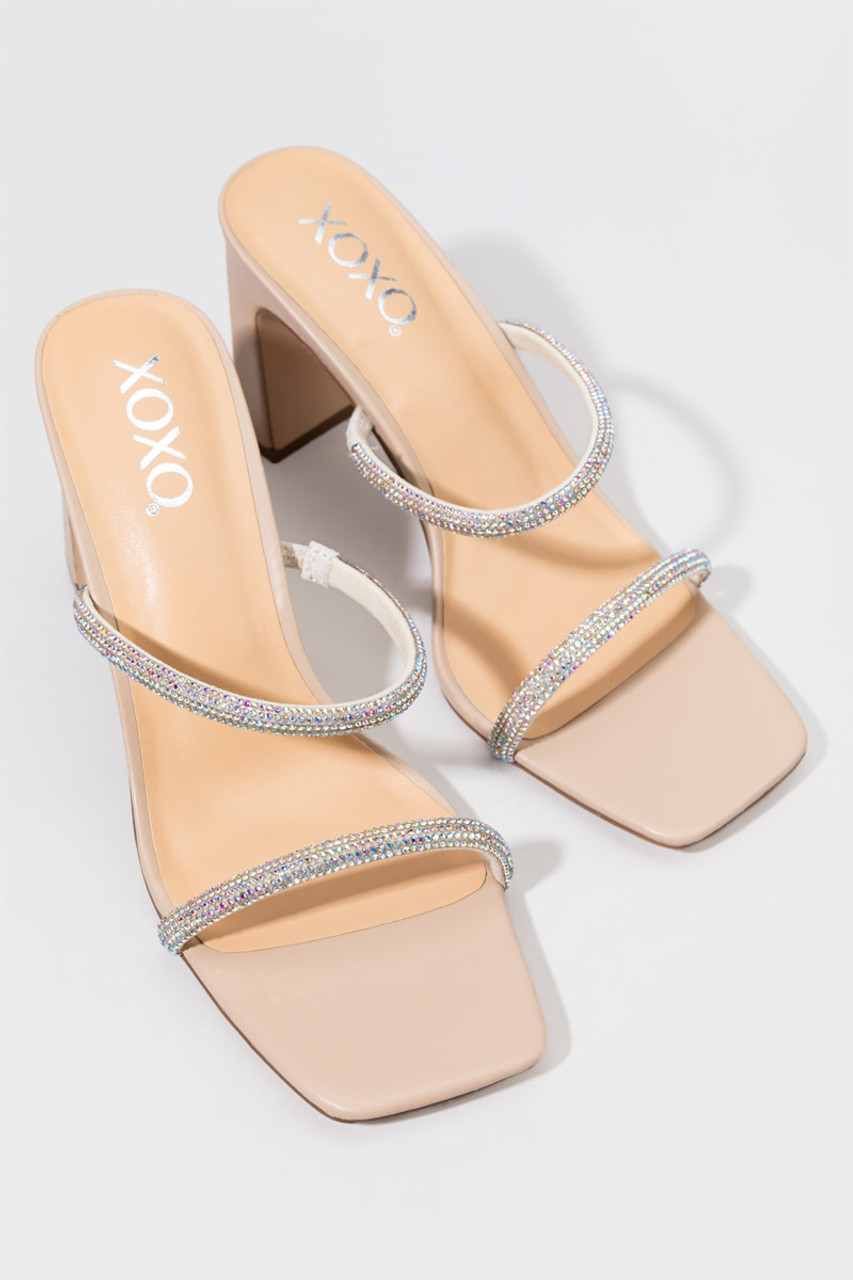 XOXO Double Band Rhinestone Block Heels - francesca's