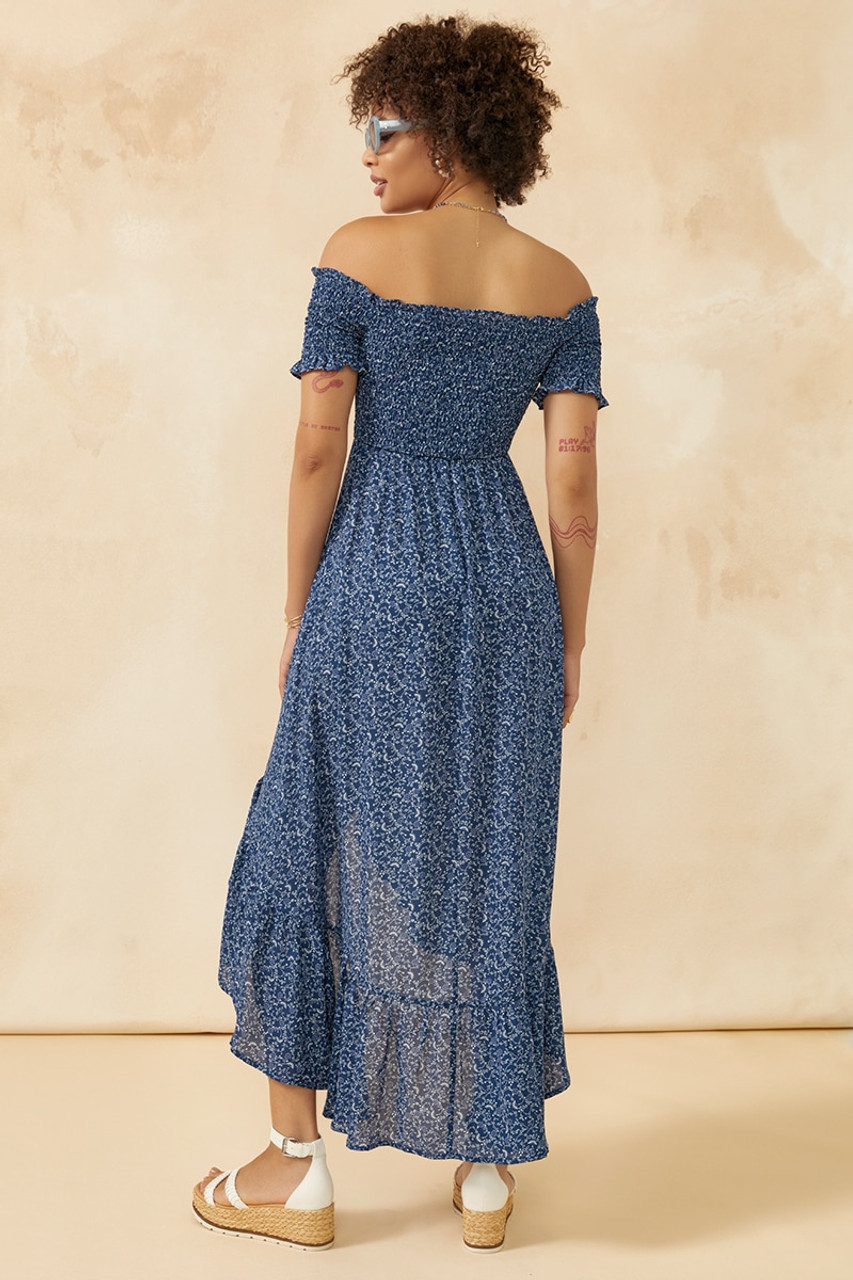 Norah Floral Off The Shoulder Maxi Dress in Navy - francesca's