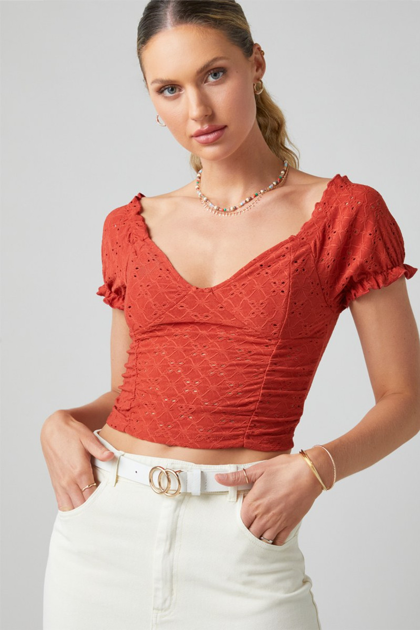 Brandy Melville Mckenna Eyelet Crop Top, Women's Fashion, Tops, Longsleeves  on Carousell