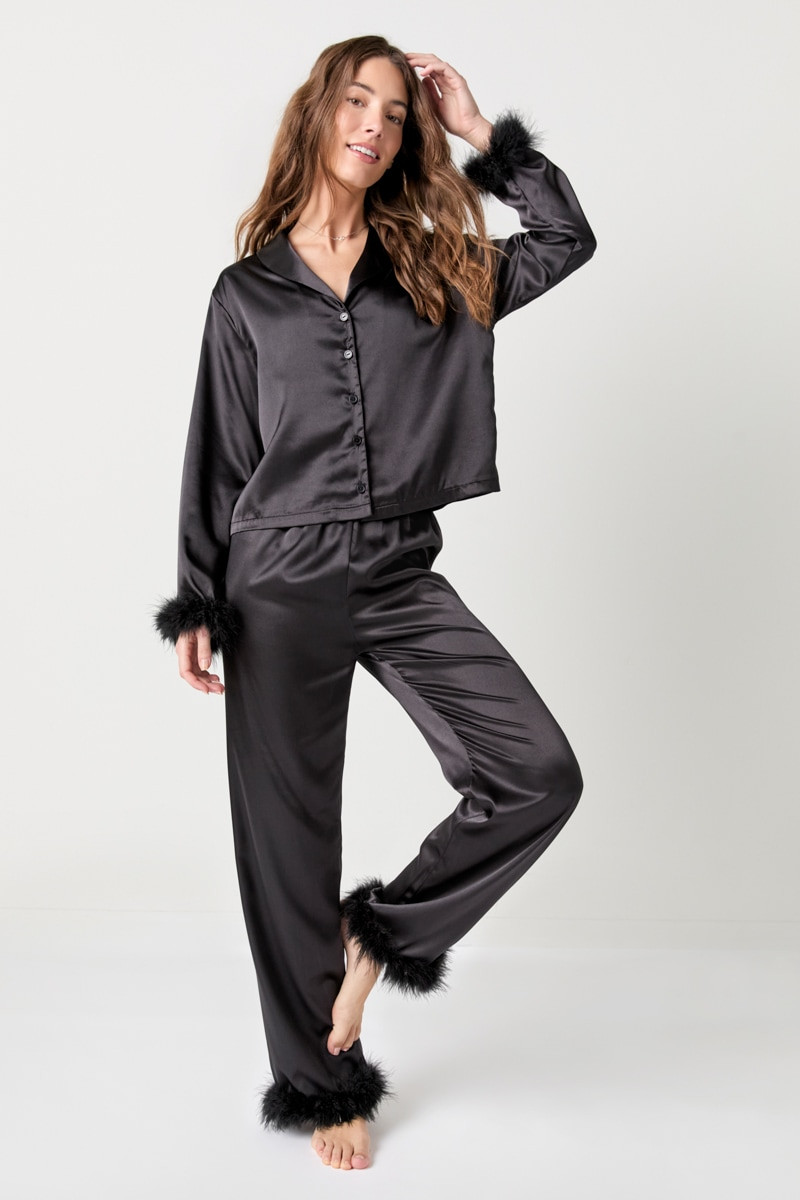 Amber Fur Lined Satin PJ Set francesca's®