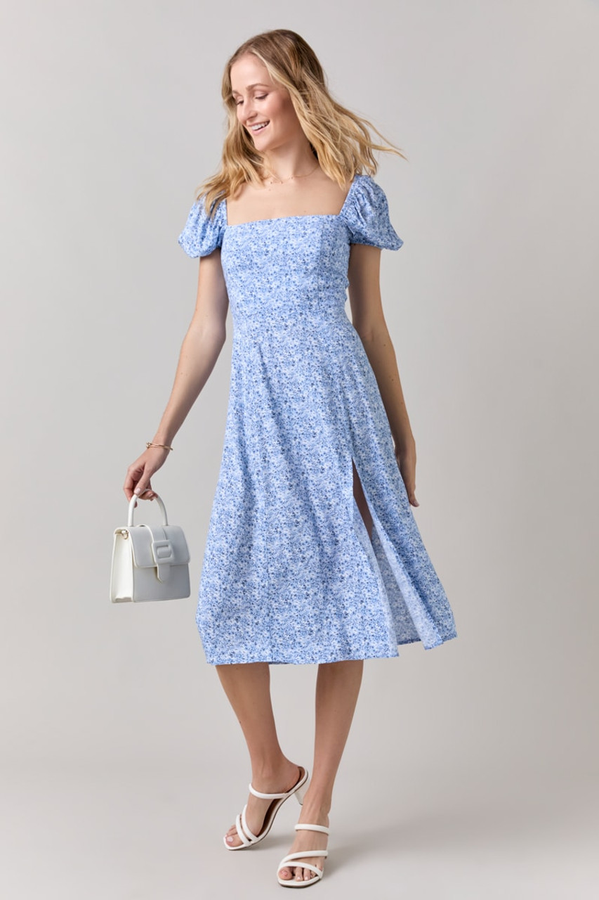 Tabitha Floral Puff Sleeve Light Blue Midi Dress