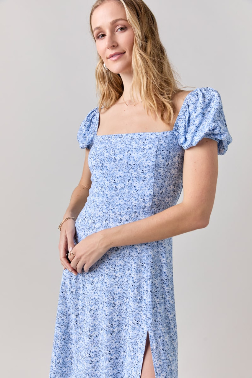 Tabitha Floral Puff Sleeve Light Blue Midi Dress