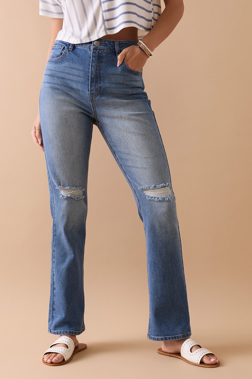 Bonnie Kick Crop Destructed Denim Jeans | francesca's®