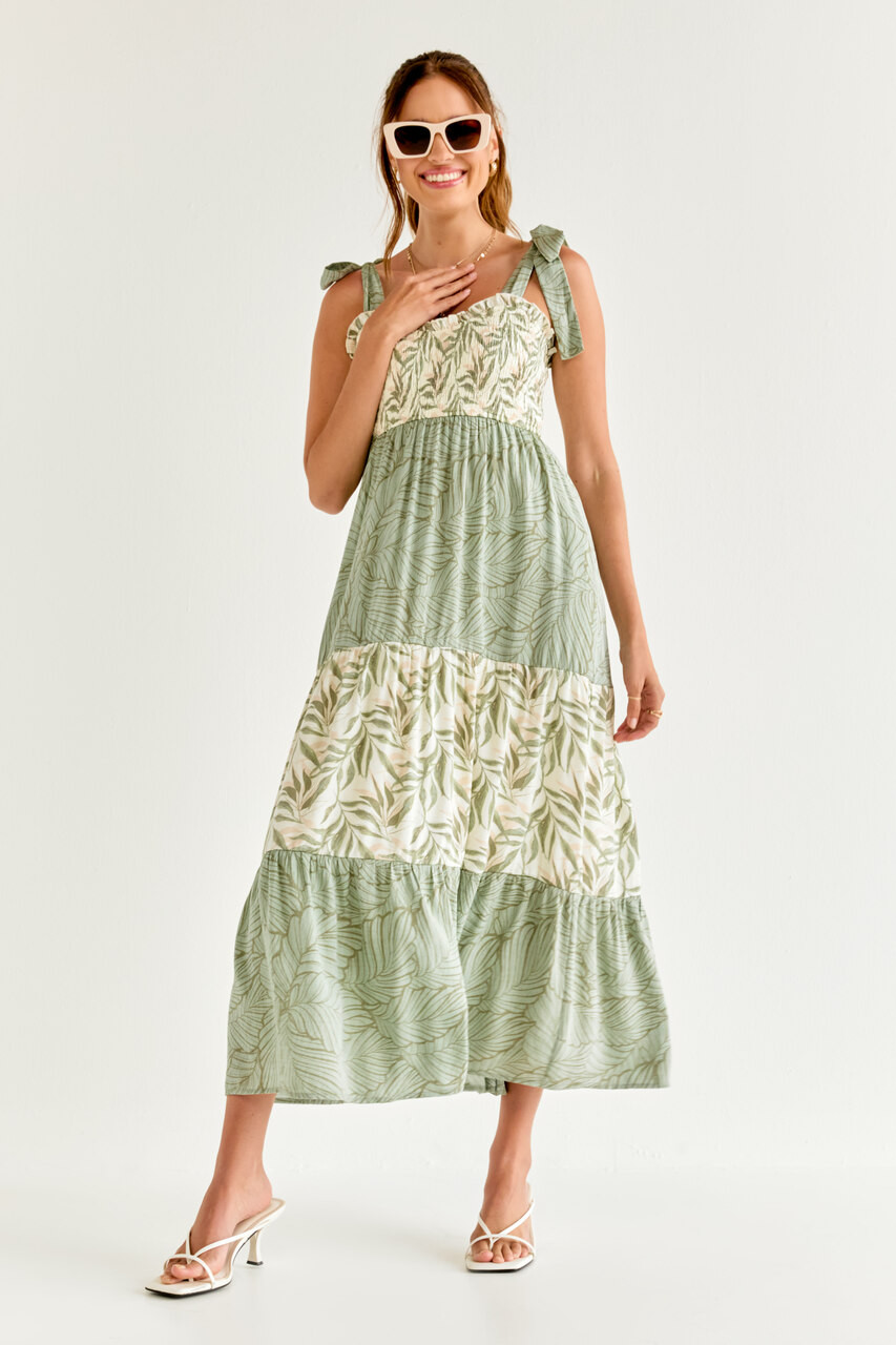 Elena Leaf Print Block Bow Strap Midi Dress