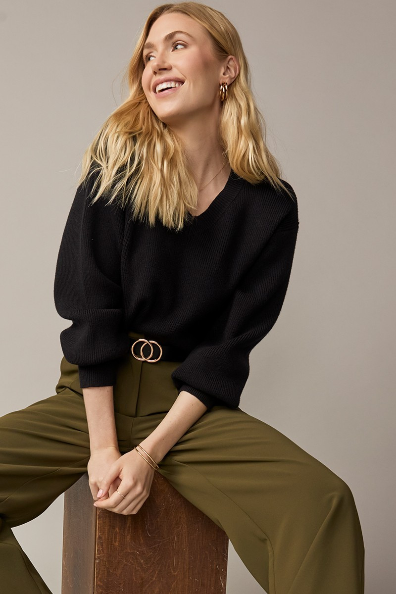 トップス INSCRIRE 24AW Balloon V/N Rib Sweater Navy-Rib-Knit-High-Low-Hem-