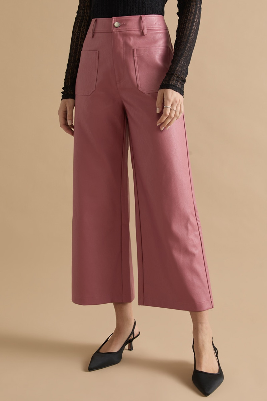 【YOURNUS】Vegan Leather Wide Cropped Pants Black Faux Leather Wide Leg Capri Pants , Cropped Pants