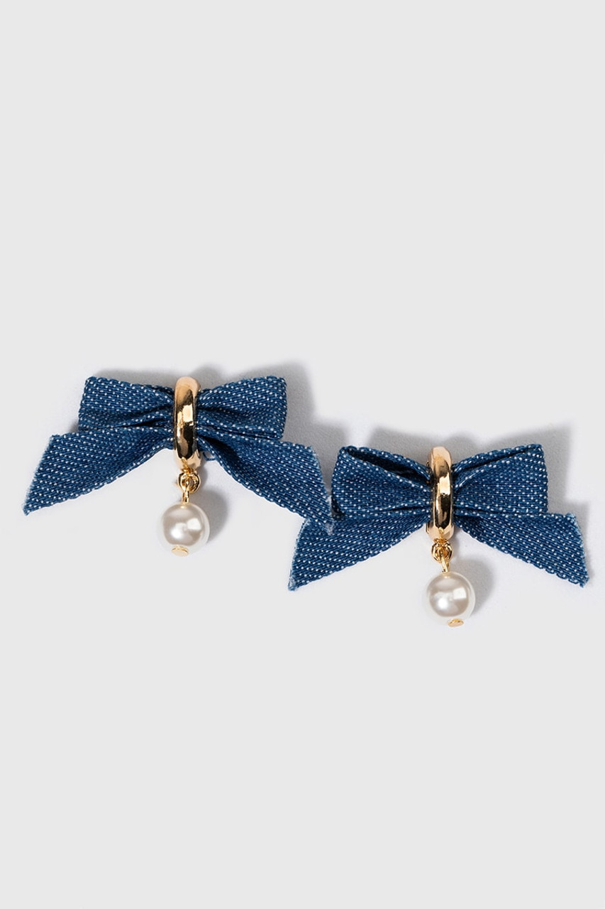 Trina Denim Bow With Pearl Drop Earrings | francesca's®
