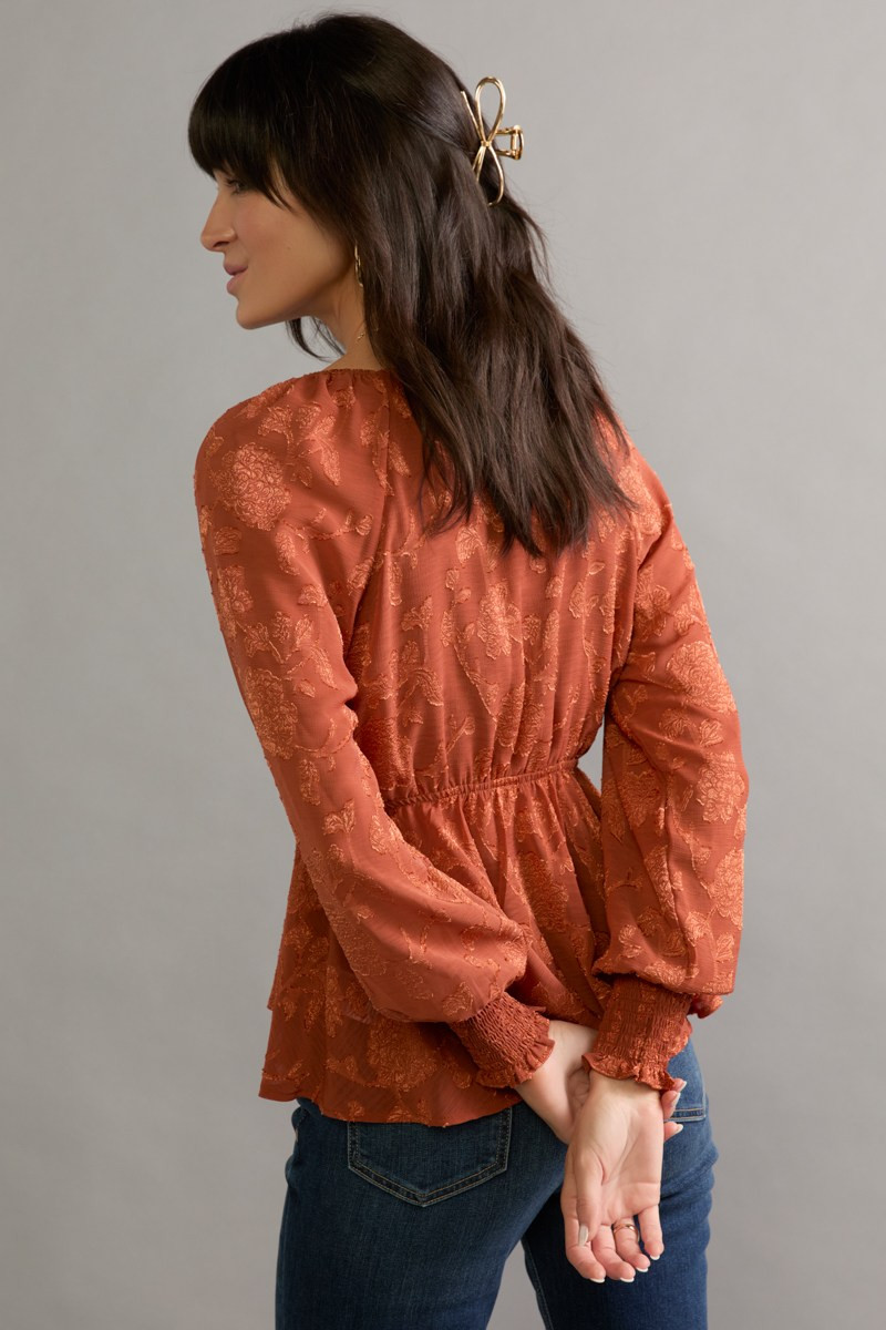 Tracy Tie Front Jacquard Long Sleeve Blouse | francesca's®