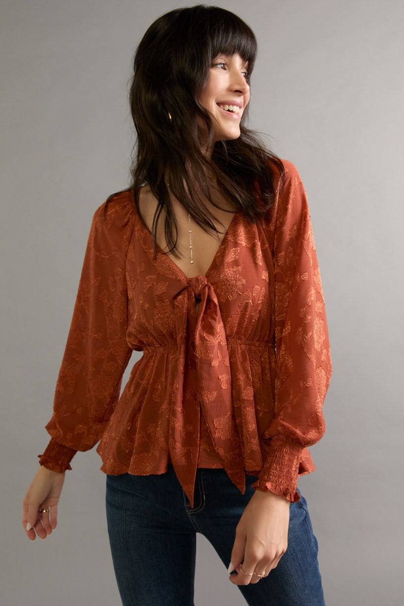 Tracy Tie Front Jacquard Long Sleeve Blouse | francesca's®