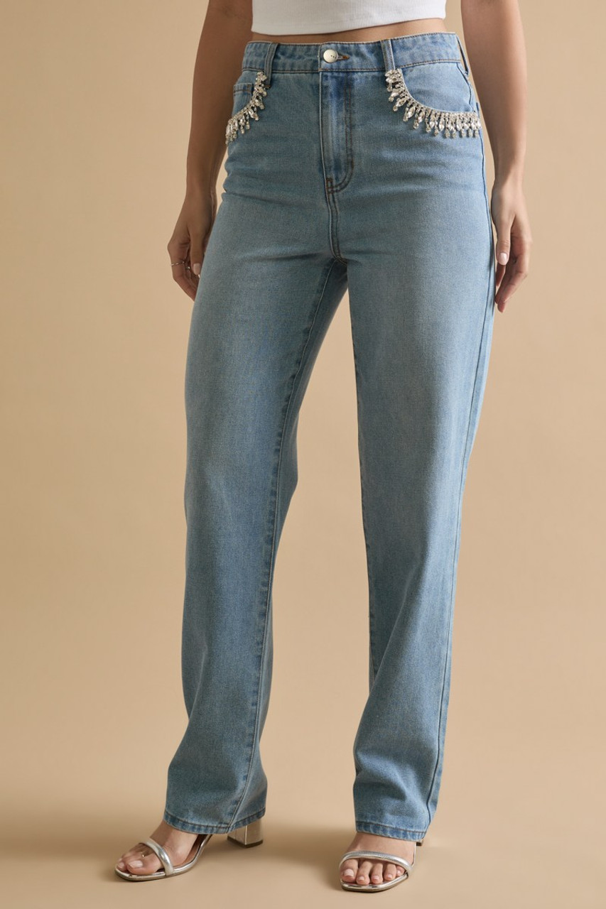 デニム・ジーパン Golden  High-Waist Straight-Leg Bull Denim Trousers Wide-leg jeans in mid-blue bull denim