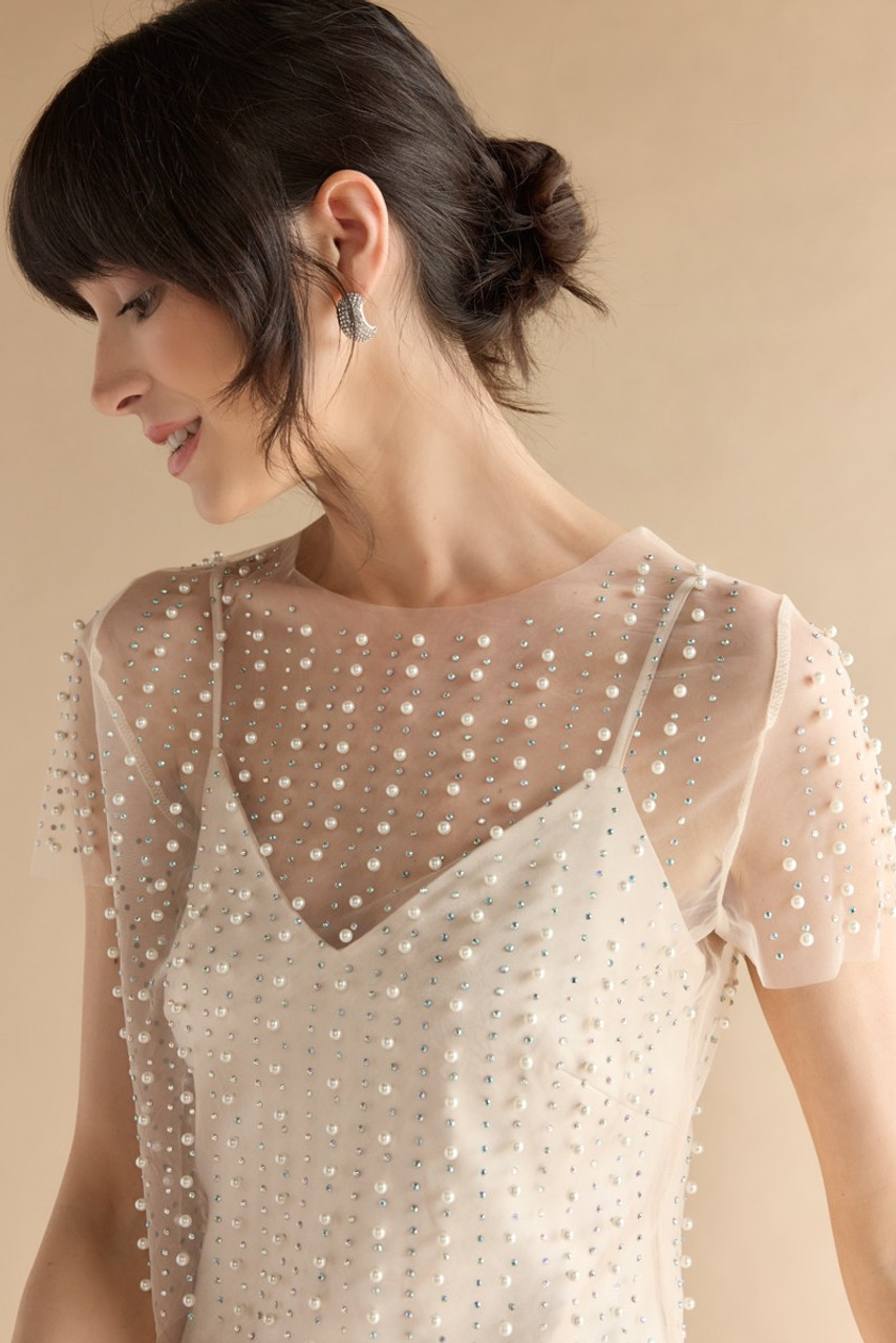 ミストレアス　Pearl Strap Sheer Plaid Dress Women's Elegant Wave Textured Pearl Strap Midi Dress for