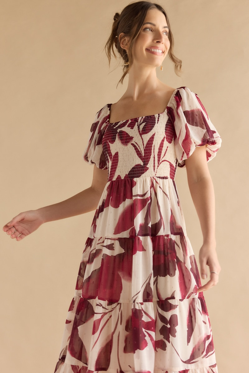 Kristy Puff Sleeve Tiered Midi Dress | francesca's®