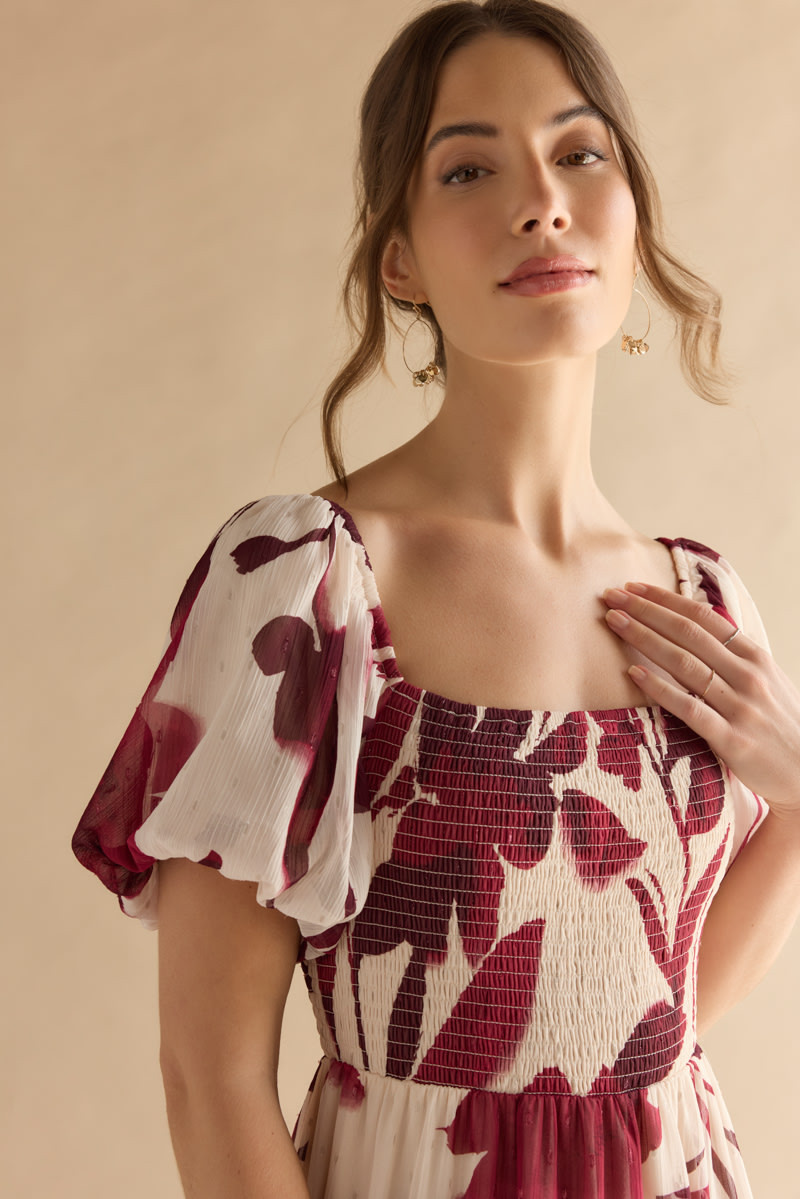 Kristy Puff Sleeve Tiered Midi Dress | francesca's®