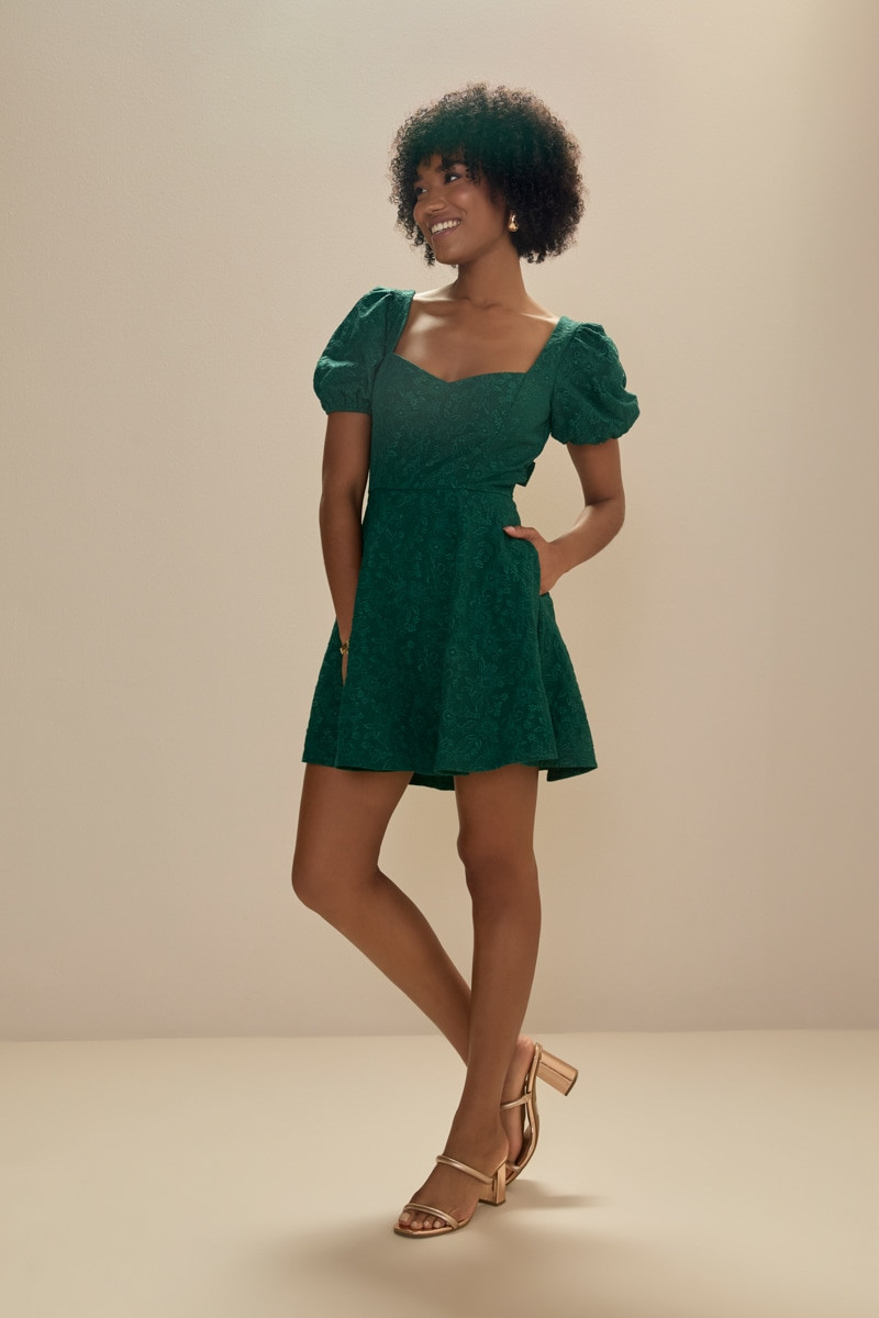 Melanie Jacquard Fit And Flare Bow Back Green Mini Dress