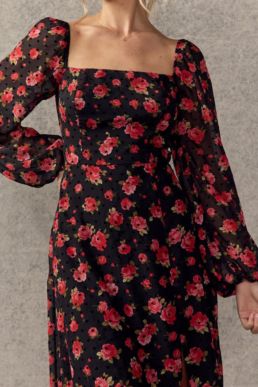 Sharon Flocked Heart Floral Midi Dress francesca's®