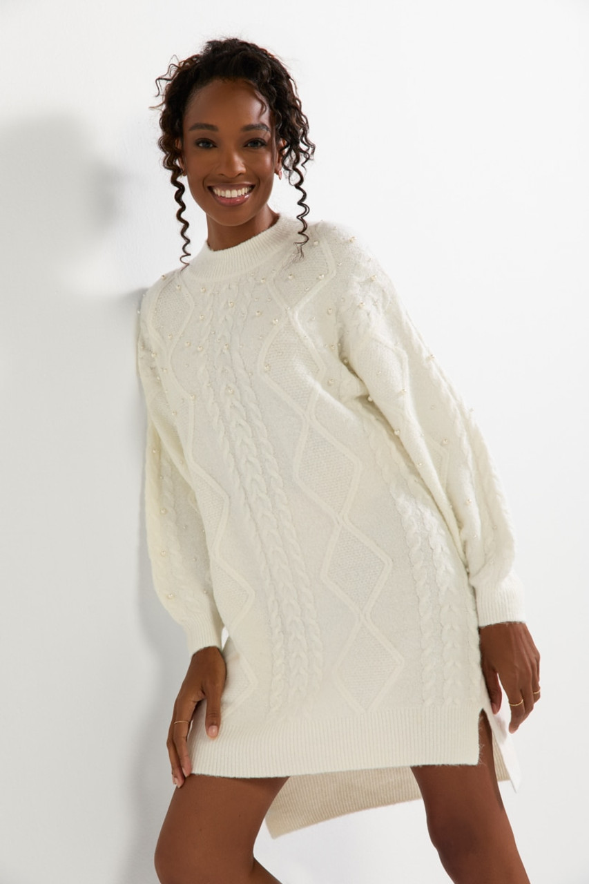 Elsa Pearl Embellished Cable Sweater Mini Dress