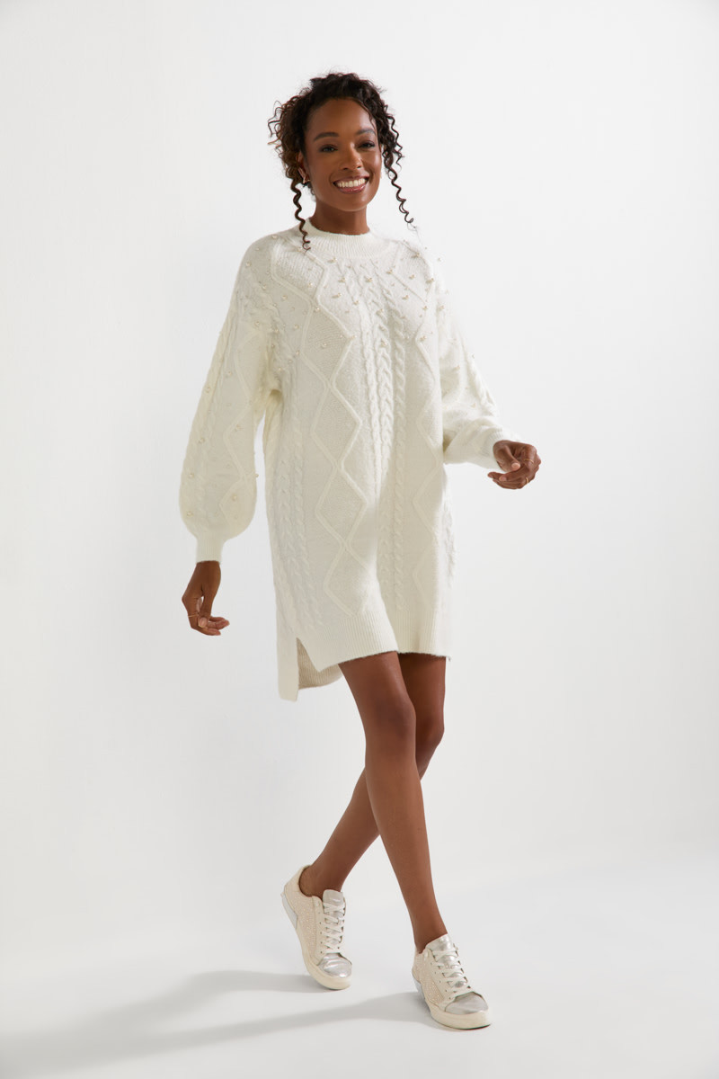 Elsa Pearl Embellished Cable Sweater Mini Dress