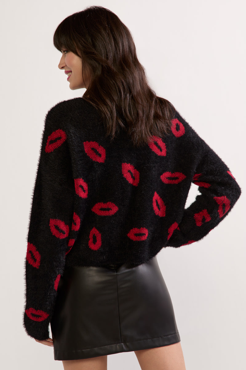 Pauline Fuzzy Lip Pattern Pullover Sweater | francesca's®