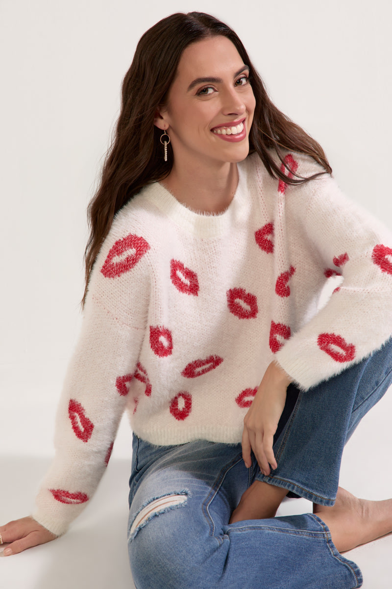 Pauline Fuzzy Lip Pattern Pullover Sweater | francesca's®