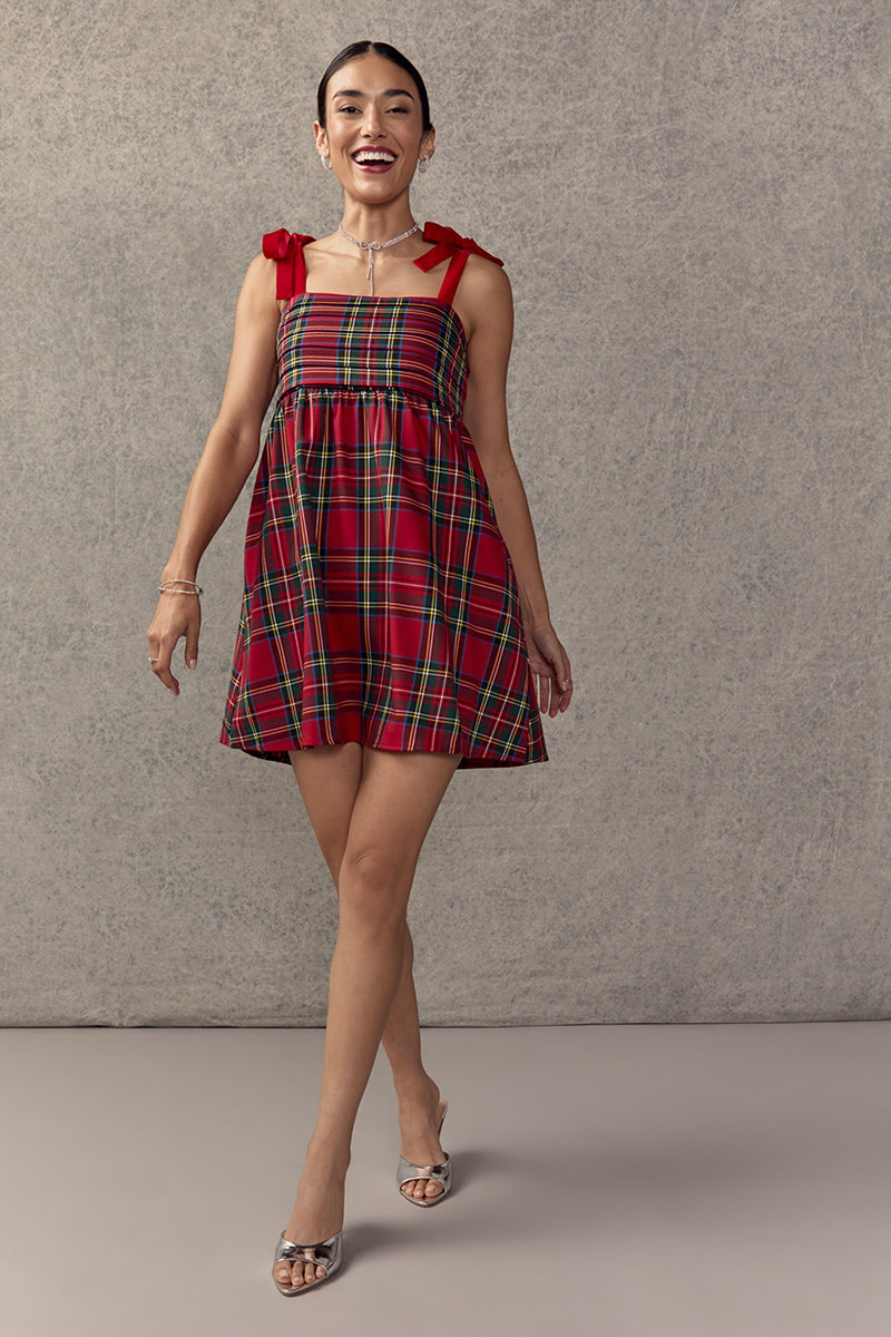 strapless open back dress Green Plaid Pleated Midi Dress main image 0