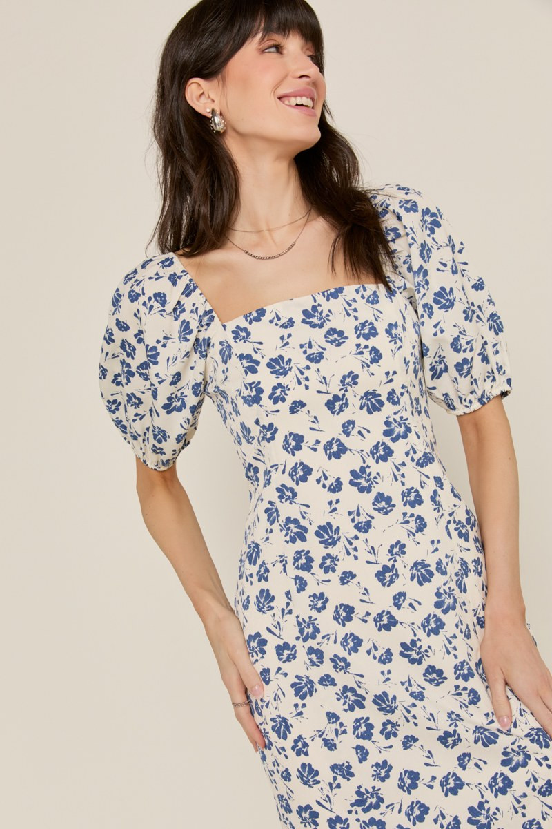 puff sleeve midi dress with slit Light Green Fruit Print Puff-Sleeve Midi Dress w/ Slit