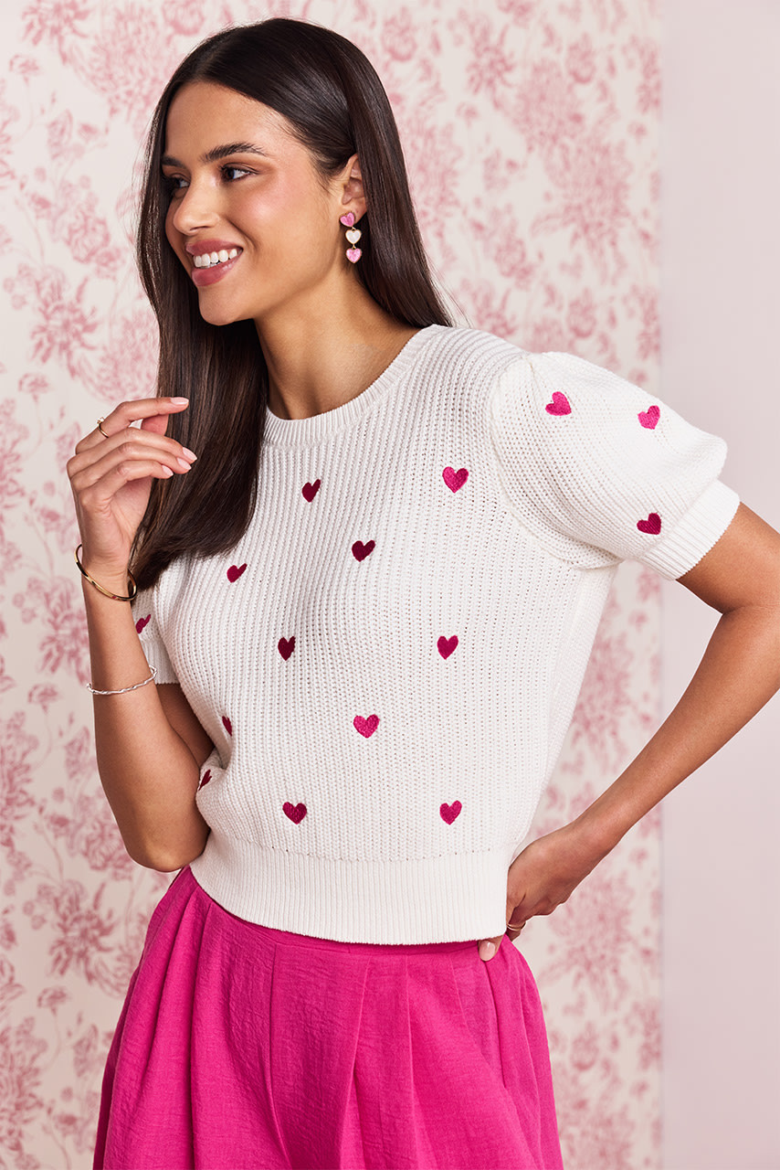 トップス Cotton lace heart sweatshirt Katherine Heart Embroidery Short Sleeve Sweater Top