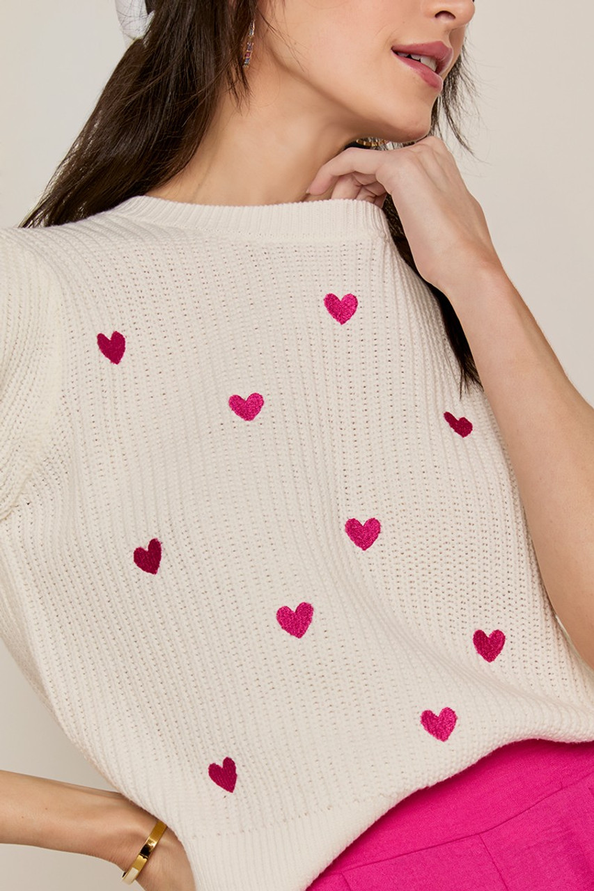 Katherine Heart Embroidery Short Sleeve Sweater Top
