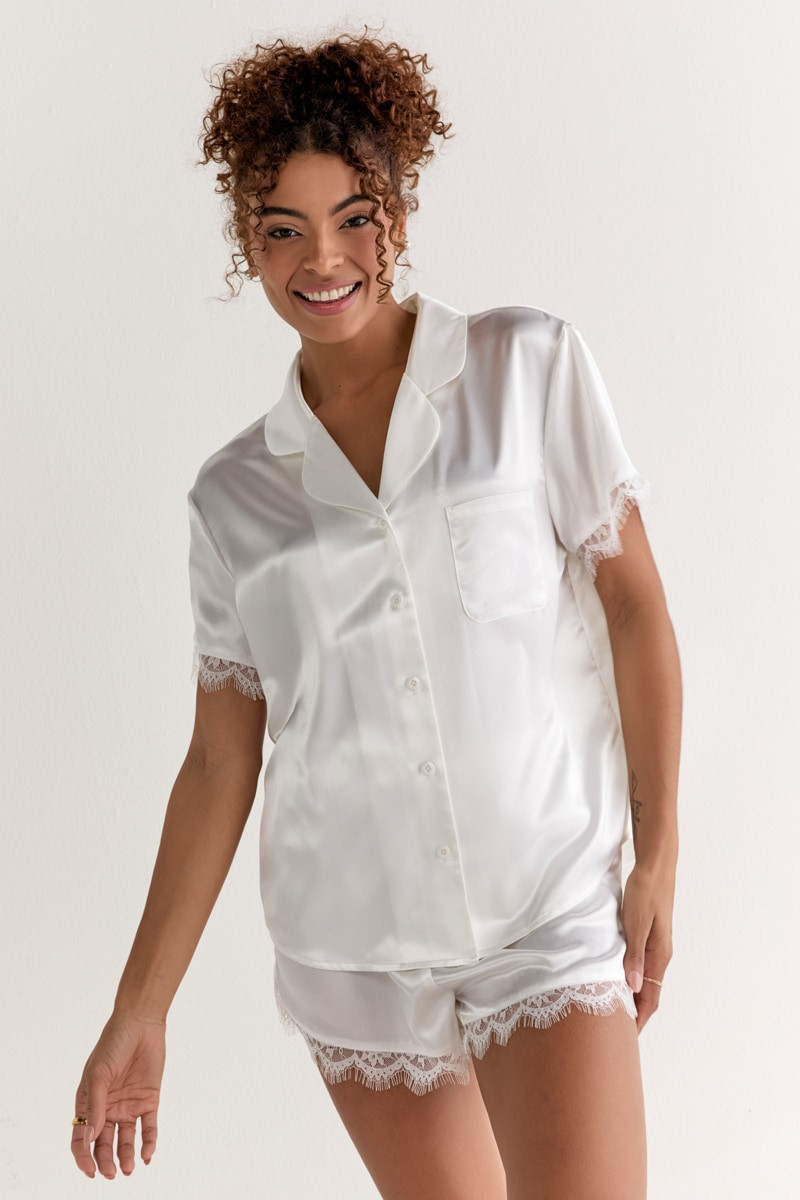 Emilia Short Sleeve Lace Trim Satin Pj Set - Main Image