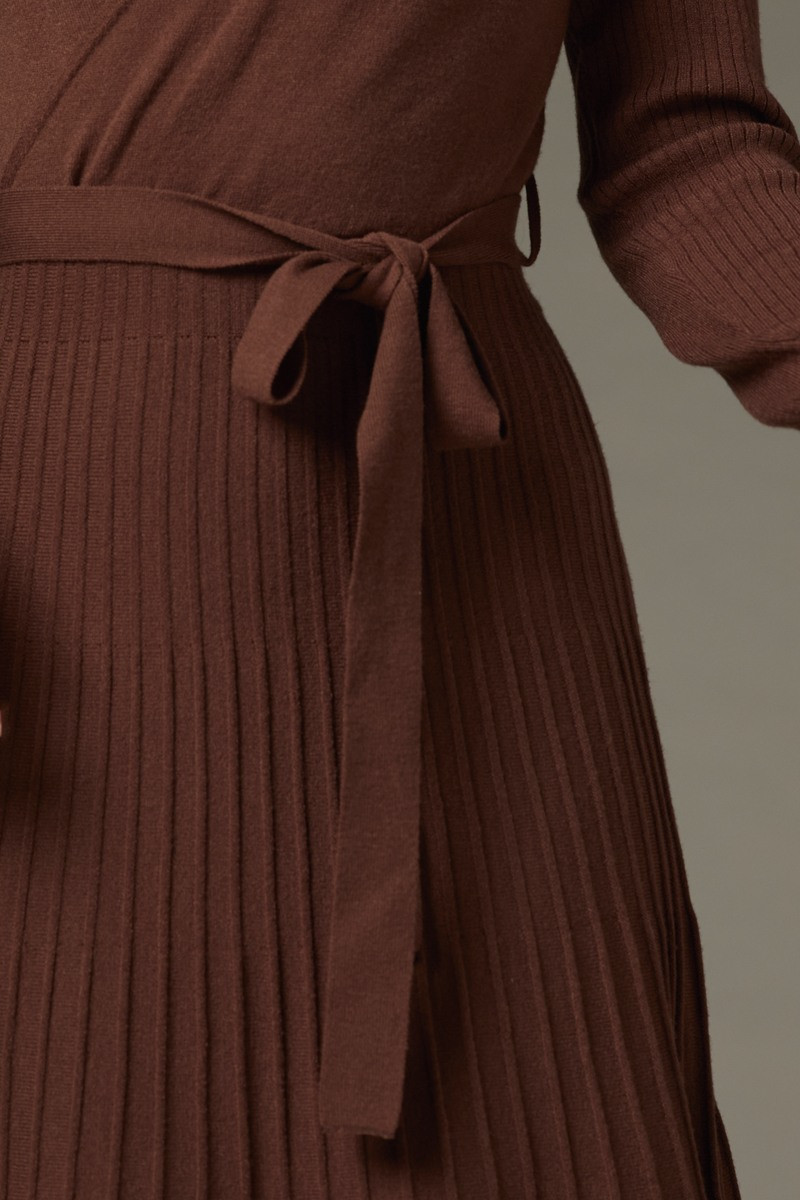 Eleanor Tie Waist Wrap Sweater Midi Dress Brown