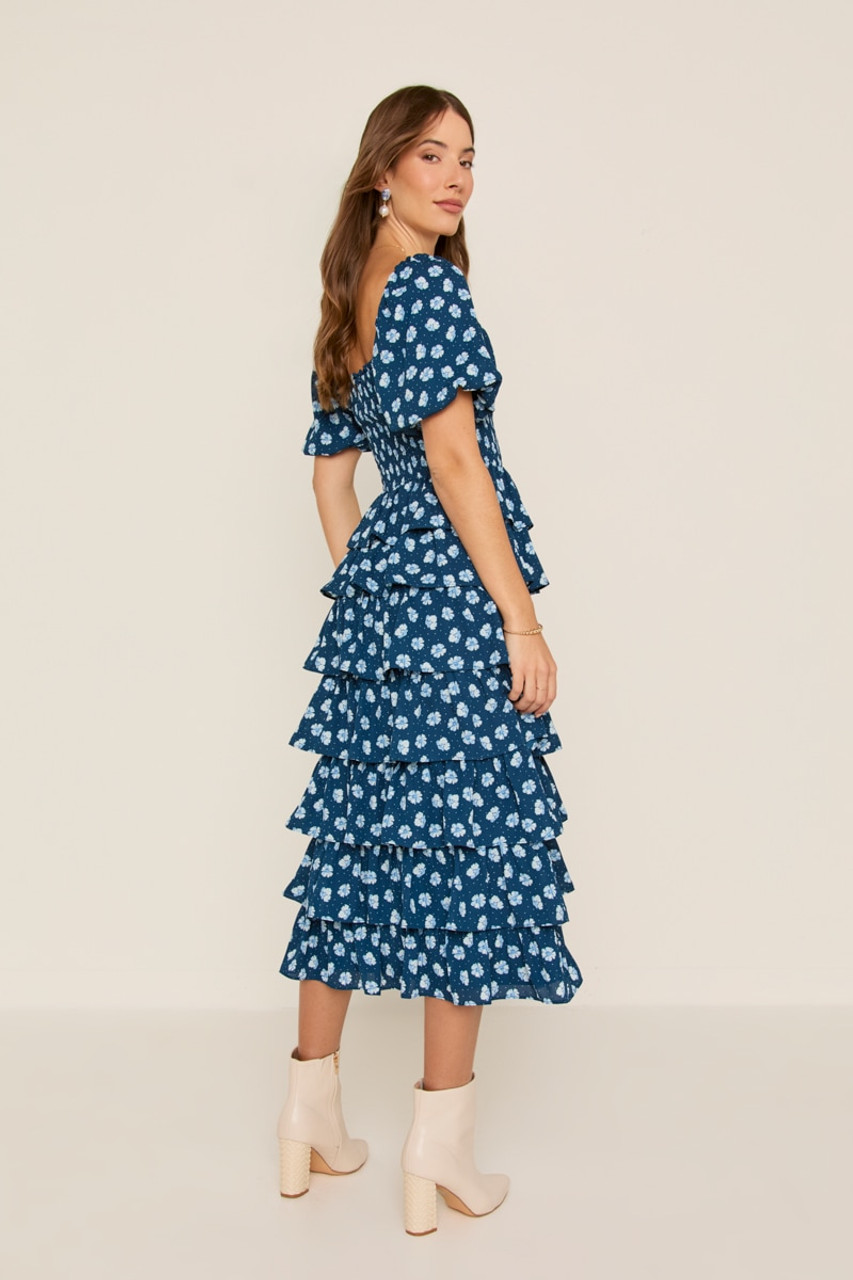ワンピース Blue tweed papillon chain flare dress M K98140s.jpg