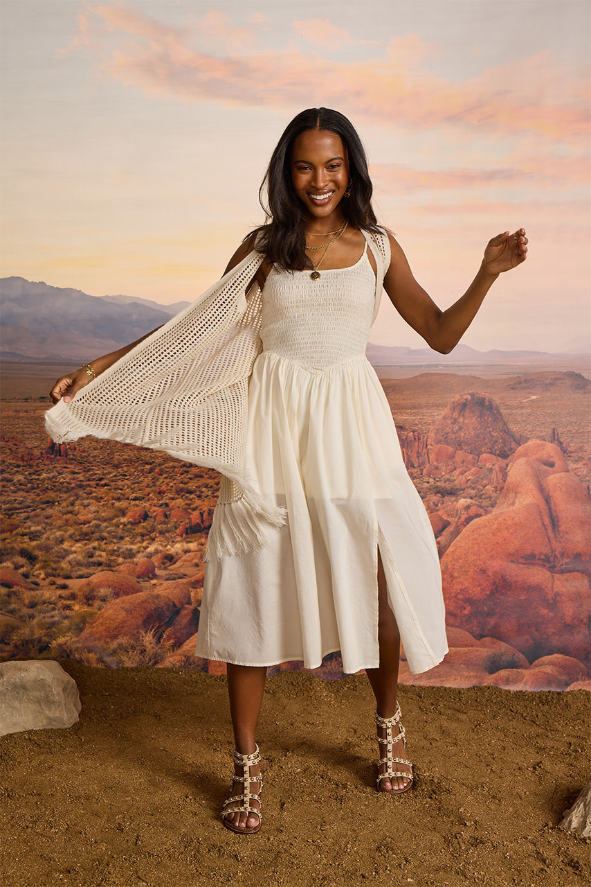 Tessa Smocked V Waist Midi Dress | francesca's®