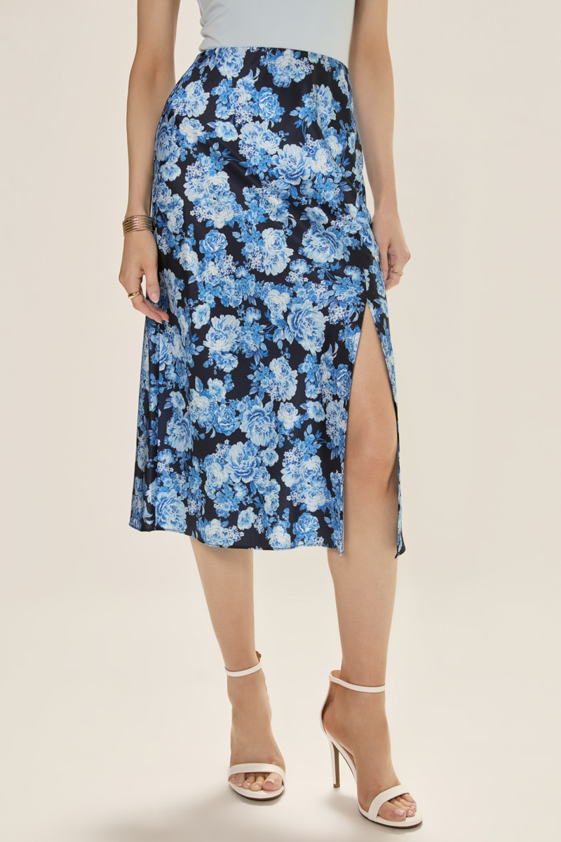 花 Blue Marine Pamela Satin Floral Midi Skirt | francesca's®