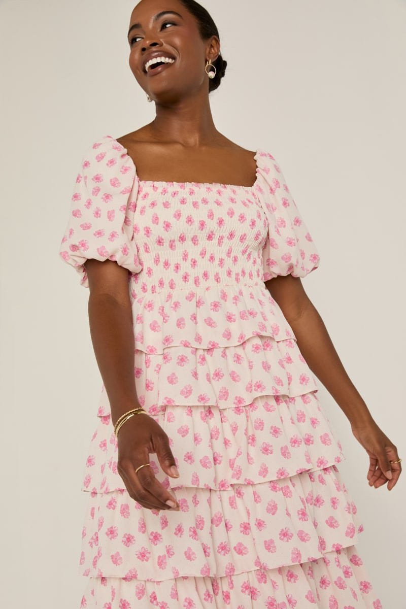 francesca's pink floral dress Suzi Tiered Midi the Francesca is adorned with a variety of sequin Sofia Satin Floral Maxi Dress