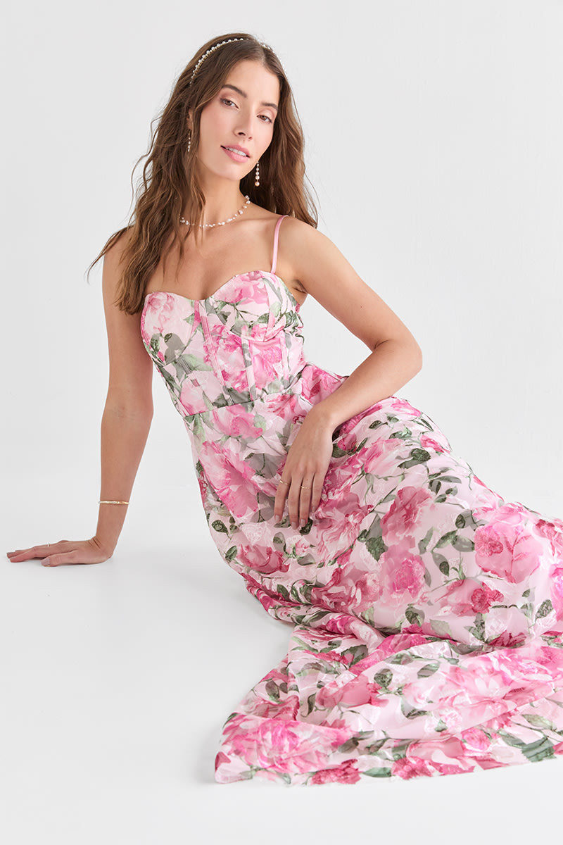 white christmas dresses Blue Floral Print Ruffle Corset Dress main image 1