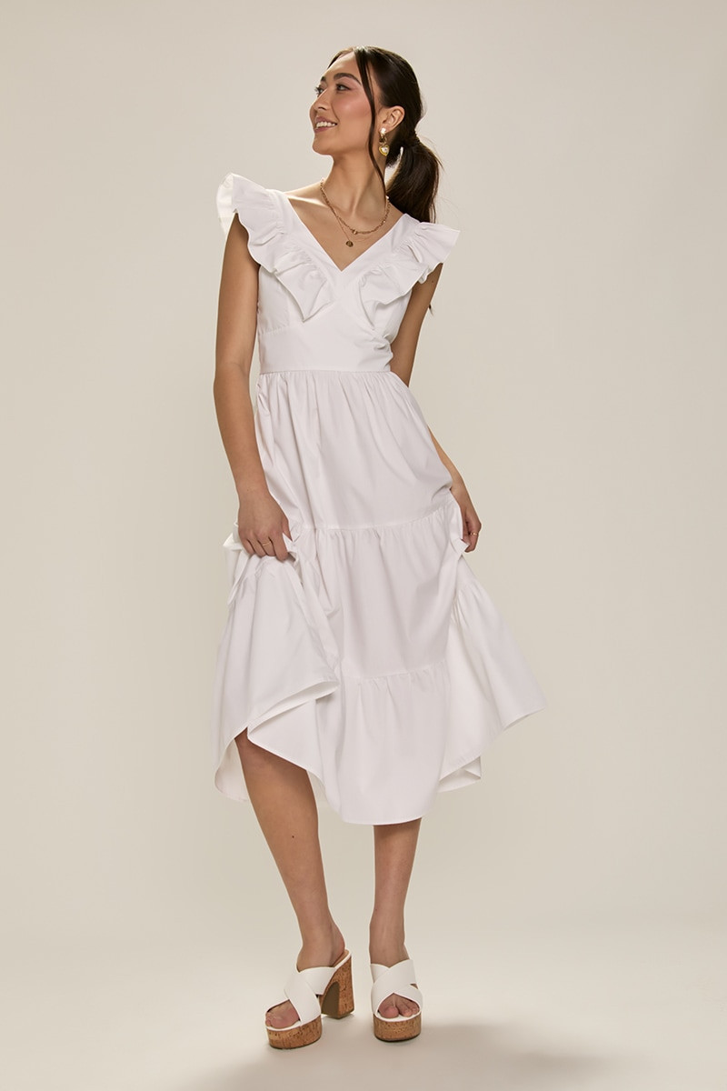 white flutter sleeve dress Park Avenue Side Split Midi Ivory Great for any cup size Brenda Flutter Sleeve Midi Dress