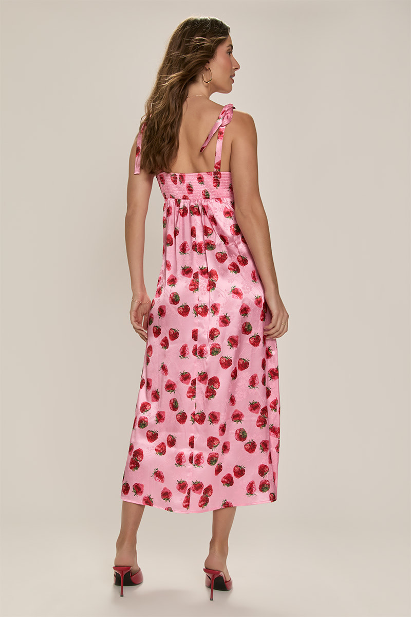Jillian Strawberry Print Satin Midi Dress