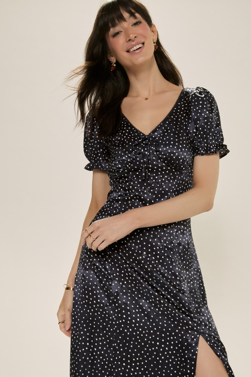 princess polly baby blue dress Black Polka Dot Dress - Satin Mini Dress - Puff Sleeve Dress main image 1