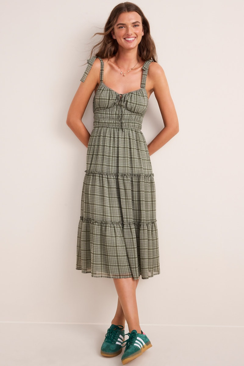 Joy Plaid Tiered Midi Dress