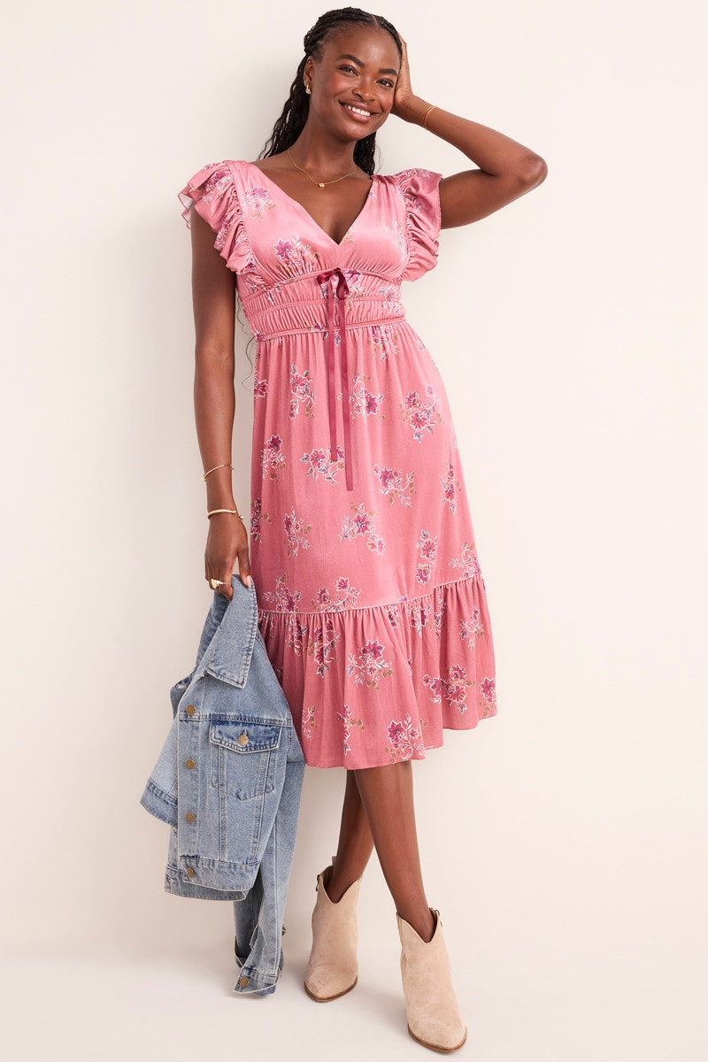 knee length dresses for ladies Toile Print Flutter Sleeve Midi Dress – Blue & Ivory main image 0