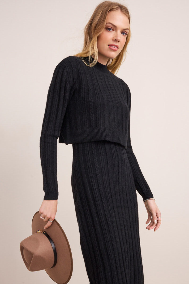 Sweater Dress A Line Mock Neck Fit And Flare Dress AMELIA MOCK NECK RIBBED SWEATER  DRESS-BLACK  Joanie And Burt Midi Length Knit Dress Long Sleeve Sweater  Dress