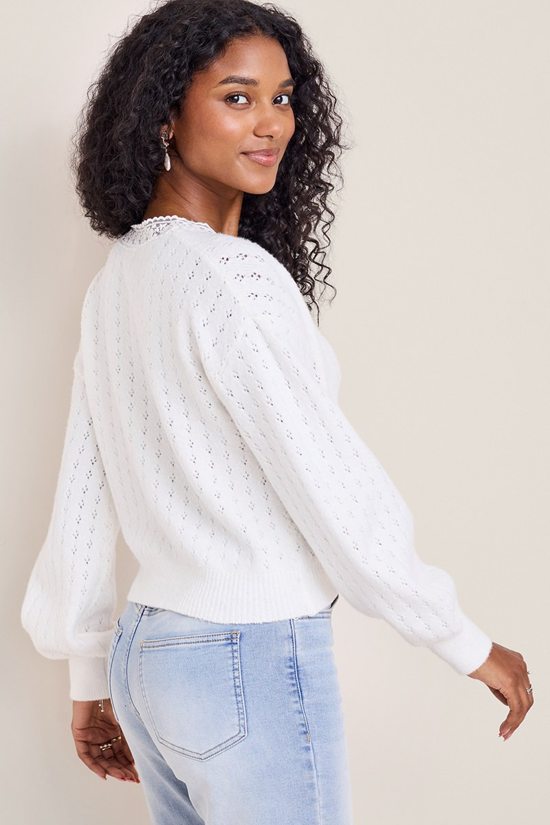 トップス Lace Trimmed Pearl Button Cardigan Anne Lace Trim Cardigan
